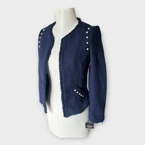 Zara Navy Tweed Frayed-Edge Blazer with Stud Accents